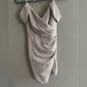 Hoco dress!! Cream asymmetrical drop shoulder dress with sparkle